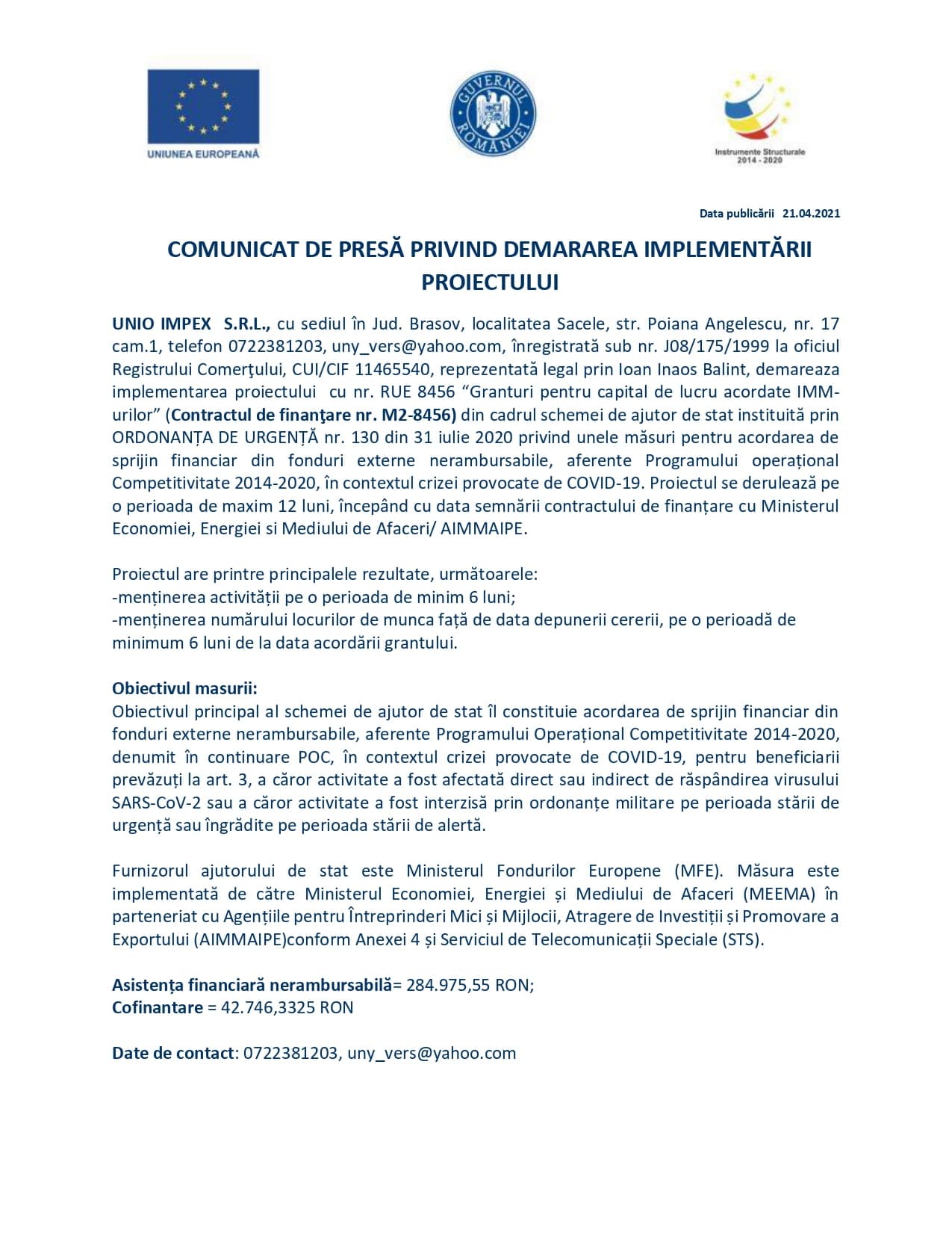 COMUNICAT DE PRESĂ PRIVIND DEMARAREA IMPLEMENTĂRII PROIECTULUI