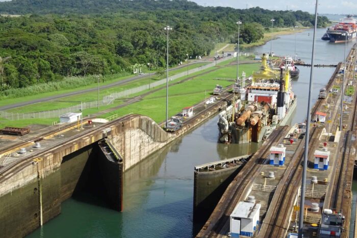 Vessel moving from first to second chamber in Gatun Locks
