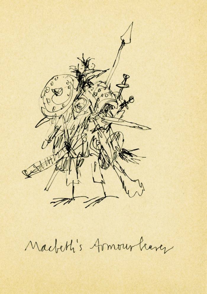 Quentin Blake face Macbeth – cu whisky Ilustrația lui Blake pentru Seyton, purtătorul de armuri...