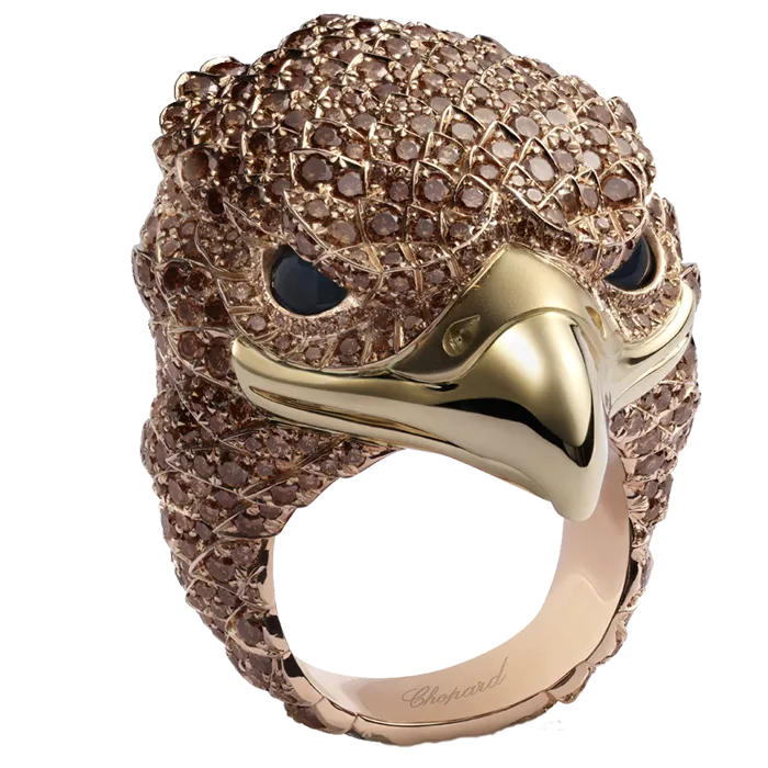 Inel Chopard Eagle din colecția Red Carpet cu diamante maro (14,32 ct) montate în aur galben și roz de 18 carate, certificat Fairmined