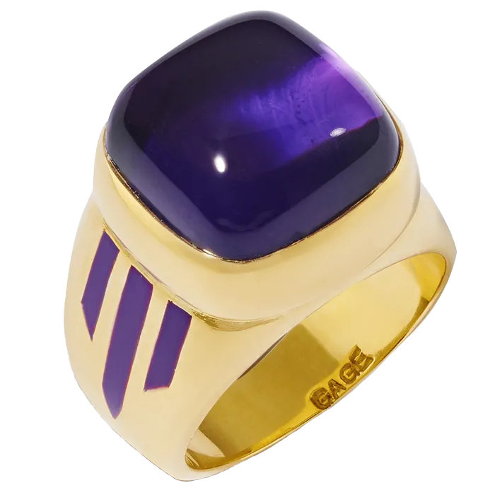Inel Elizabeth Gage din aur galben de 18 ct cu cabochon în formă de pernă de ametist ultraviolet