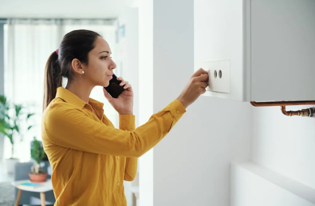 Poza cu o femeie îngrijorată la telefon cu o mână pe boiler