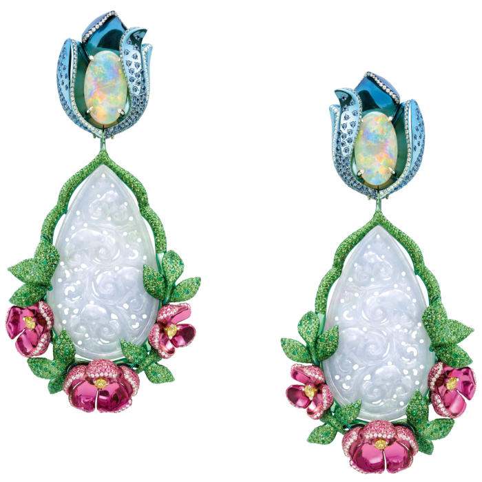 Cercei Chopard lavandă-jadeit, diamant alb și galben, rubin, smarald, opal, tsavorit și safir albastru și roz Red Carpet Collection
