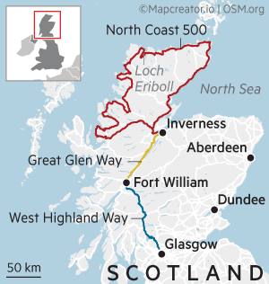 Hartă care arată locațiile cheie din Scoția, precum și rutele North Coast 500, Great Glen Way și West Highland Way