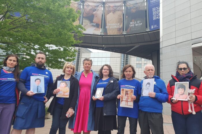 Survivors of childhood sexual violence outside EU Parliament with EU Home Affairs Commissioner Ylva Johnannson 2 CREDIT Guy Beauche 1684879738