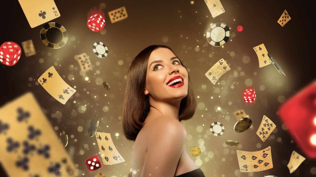 Creative collage poster picture banner charming young lady play casino gambling card chips luck games earn money wealth