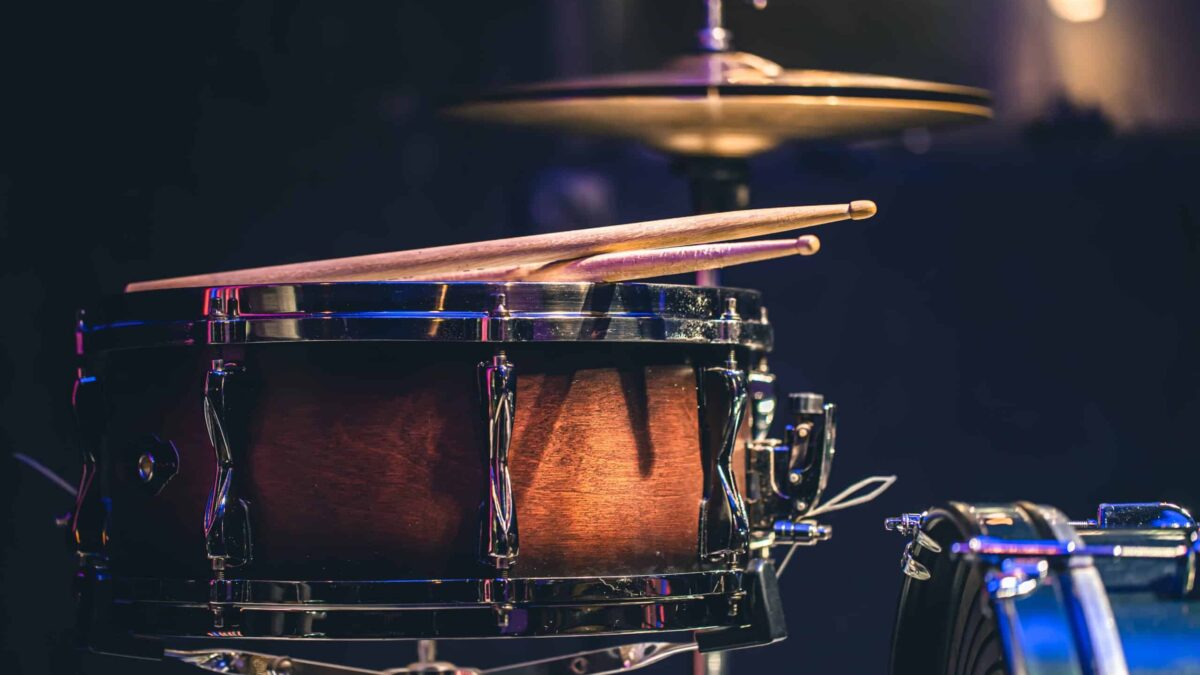 Close-up, part of a drum kit on a blurred background.