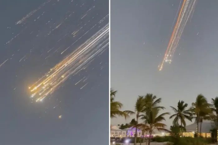 bile de lumina care curg pe cer dupa ce racheta spacex starship a explodat la zborul test mai multe