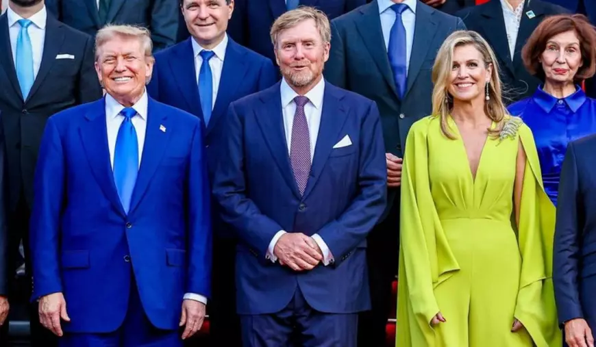 Imagine de la Summitul NATO la Haga, în prim plan Donald Trump alături de Regele Willem-Alexander și Regina Maxima a Olandei, imbrăcată într-o ținută galben neon vaporoasă, 24 iunie 2025