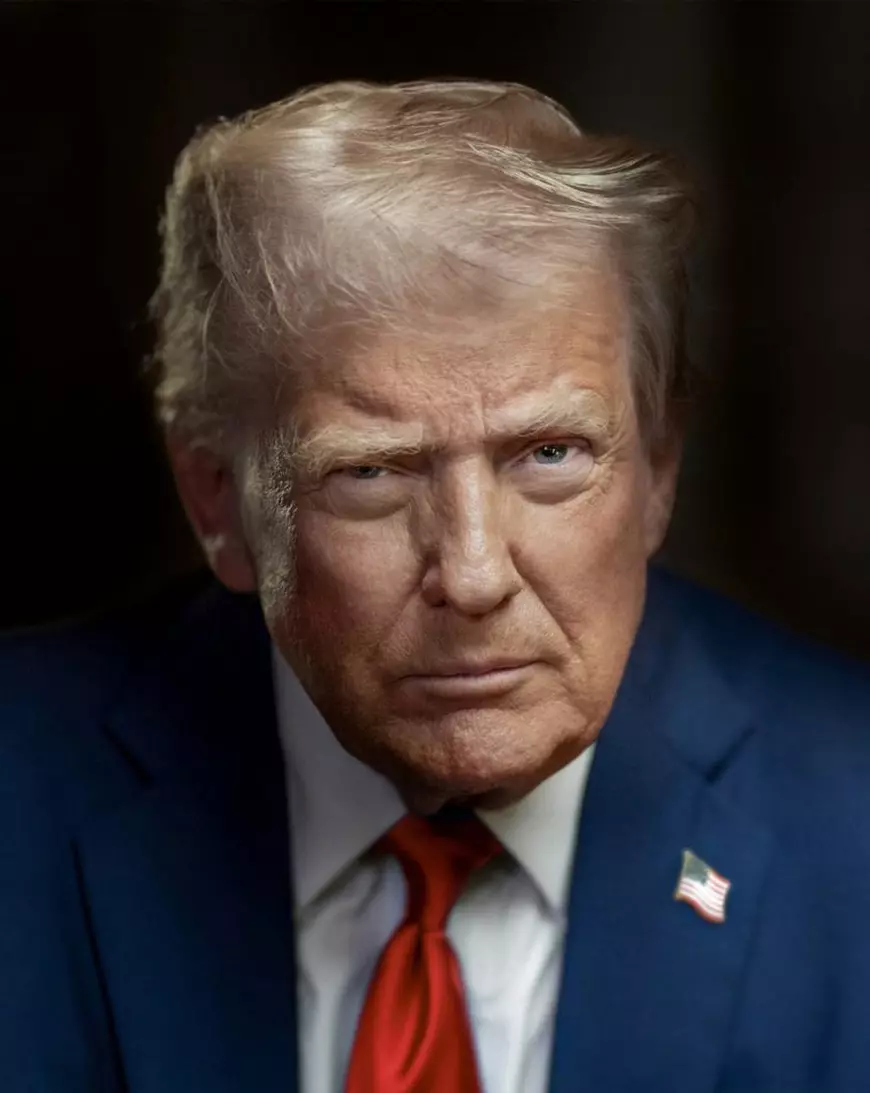 Noul portret al lui Donald Trump a fost realizat pe un fundal negru, sumbru, cu umbre.