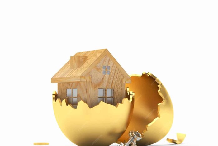 wooden house icon inside golden broken easter egg 3d illustration 290464 745