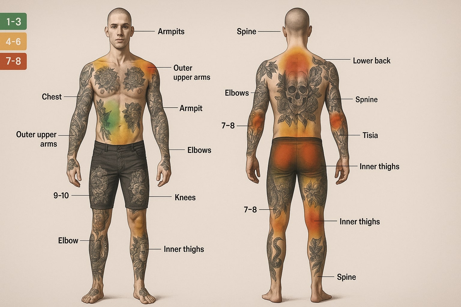 Harta durerii la tatuaje: zone ale corpului, scor 1–10 și vindecare