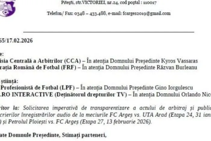 FC Argeș contestă arbitrajul și cere explicații de la CCA