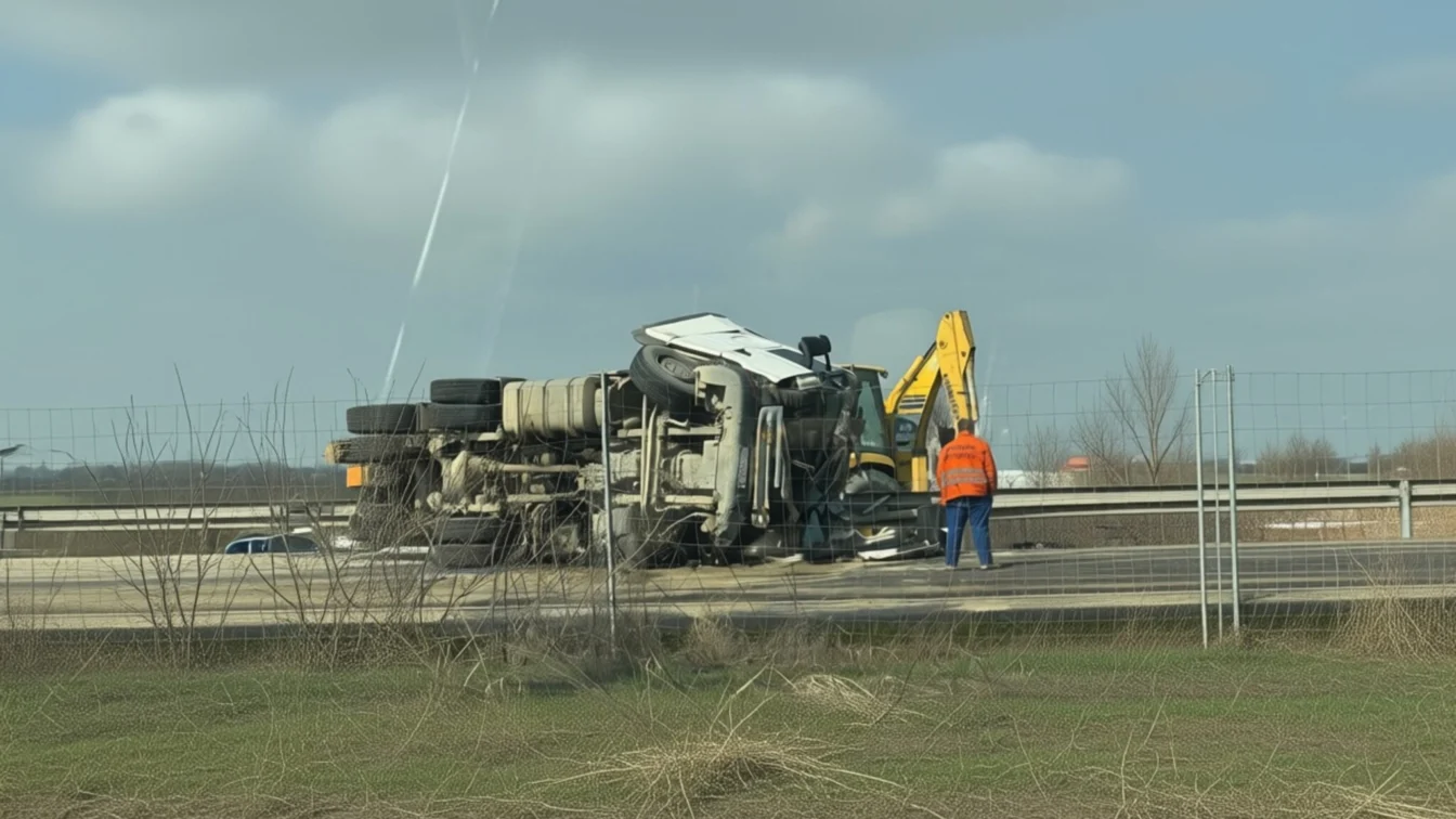 Camion cu nisip răsturnat pe A1 la km 24 a paralizat traficul pe ambele sensuri