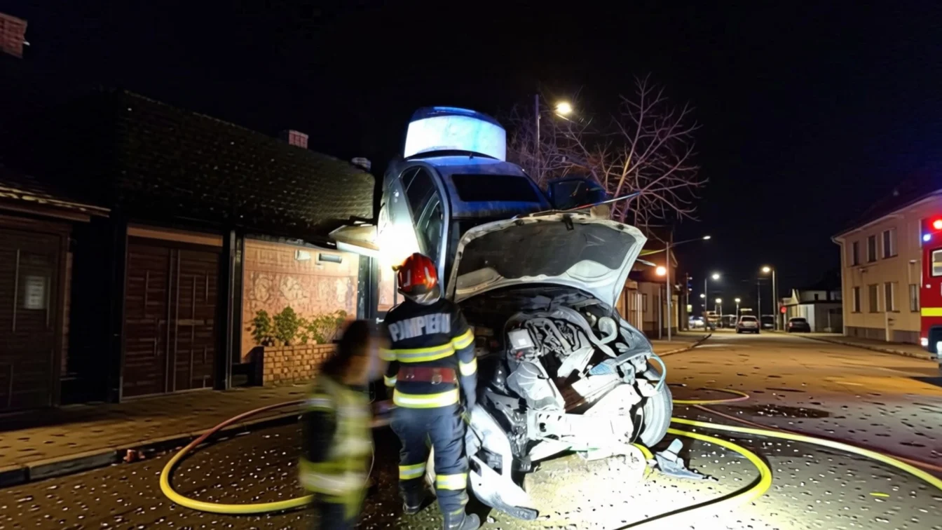 O mașină cu patru oameni a ajuns pe acoperișul unei case din Prahova