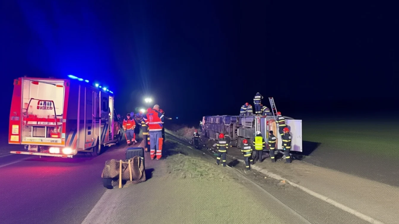 Tragedie pe E 581 – autocar cu 44 de pasageri răsturnat, un mort și 14 răniți