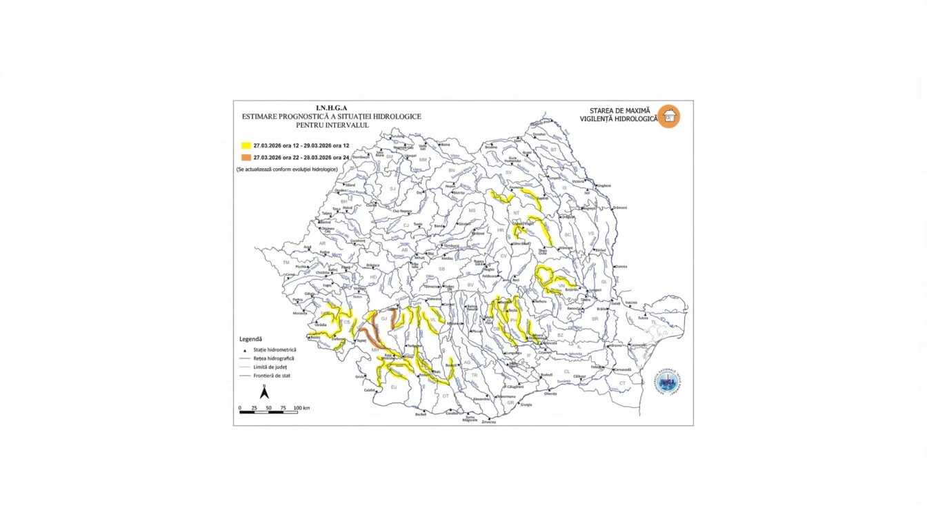 Cod portocaliu și galben de inundații în 16 județe până duminică