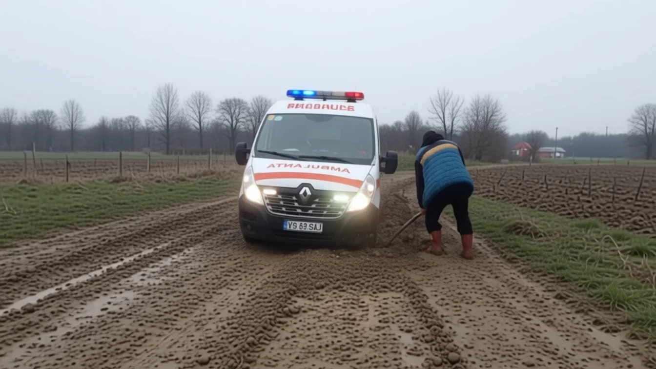O bătrână de 90 de ani din Vaslui în pericol după ce ambulanța a stat 40 de minute în noroi