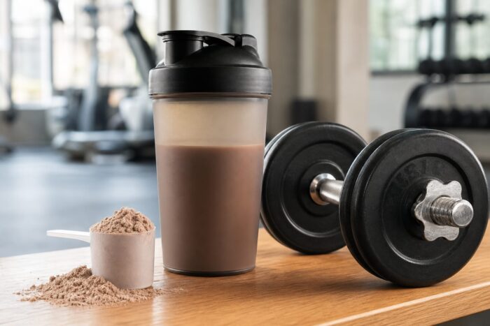 Suplimente pentru masa musculara: proteina din zer, creatina, shaker