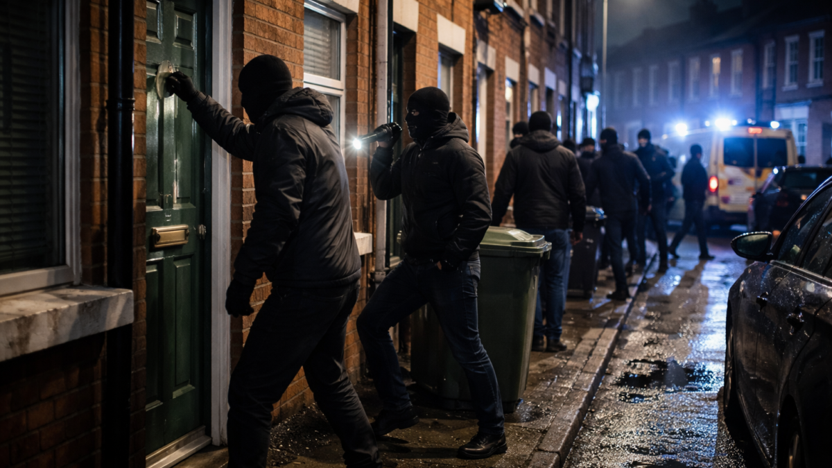 Sute de bărbați mascați au căutat imigranți din ușă în ușă la Belfast Sute de bărbați mascați au căutat imigranți din ușă în ușă la Belfast.