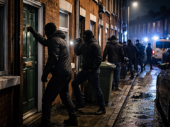 Sute de bărbați mascați au căutat imigranți din ușă în ușă la Belfast Sute de bărbați mascați au căutat imigranți din ușă în ușă la Belfast.