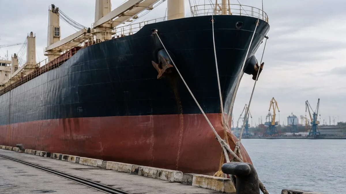 O navă comercială ancorată în port în așteptarea operațiunilor de descărcare