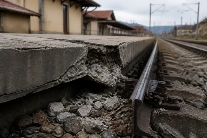 O secțiune de peron din beton puternic crăpată și sfărâmată, cu armătura vizibilă, situată lângă o cale ferată cu șine ruginite