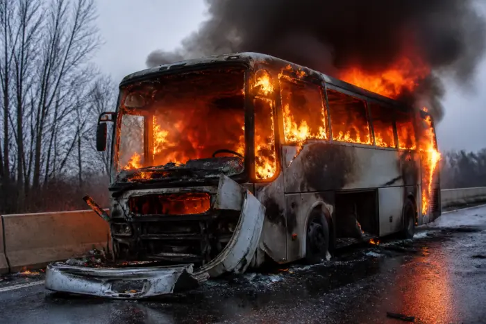 Un autocar alb distrus și cuprins de flăcări violente pe marginea unei șosele