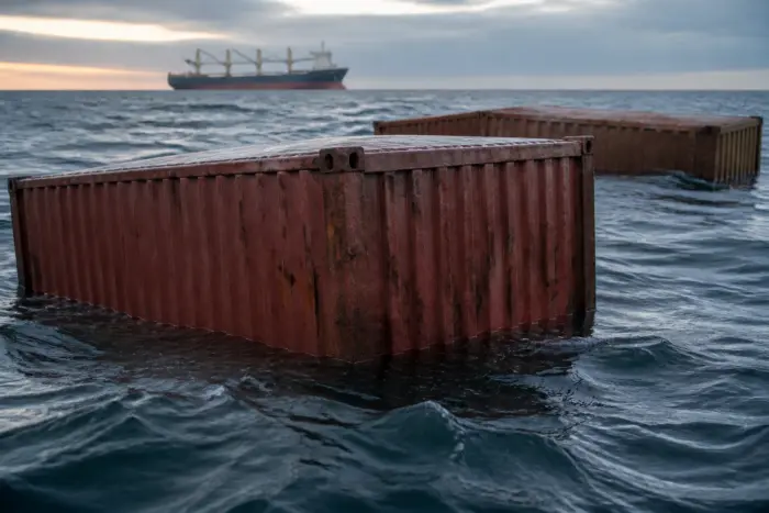 Două containere metalice de transport maritim, de culoare ruginie, plutesc parțial scufundate în apa mării
