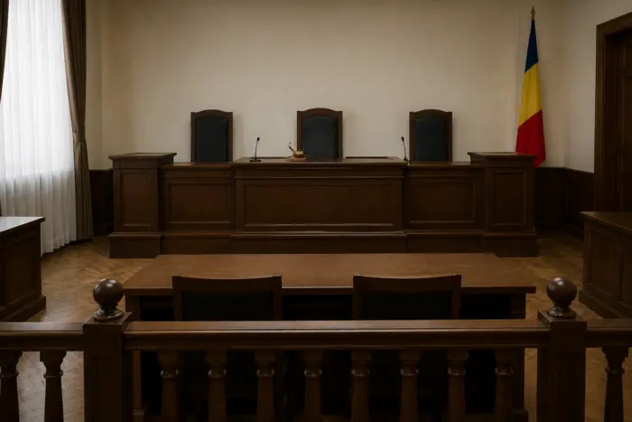 O sală de judecată goală cu mobilier masiv din lemn închis la culoare