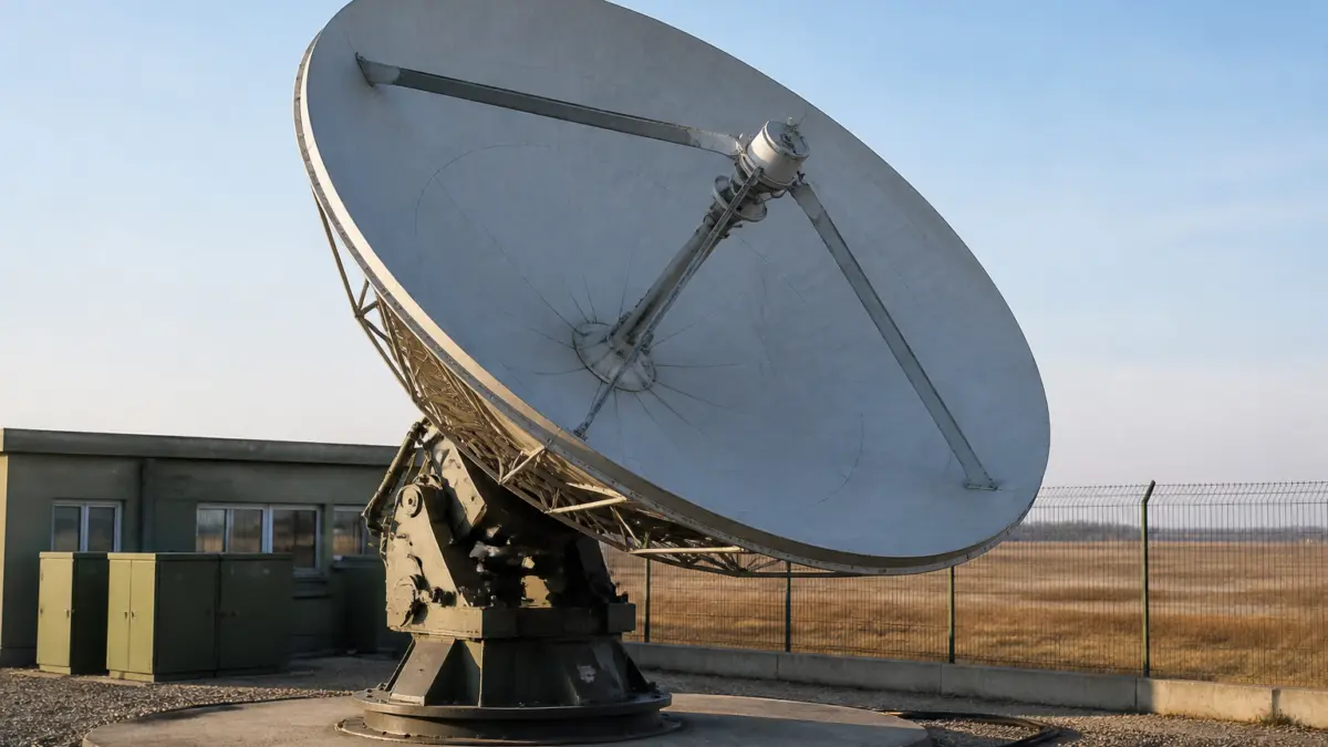 O antenă parabolică de mari dimensiuni, montată pe un soclu metalic într-o bază militară sau de comunicații