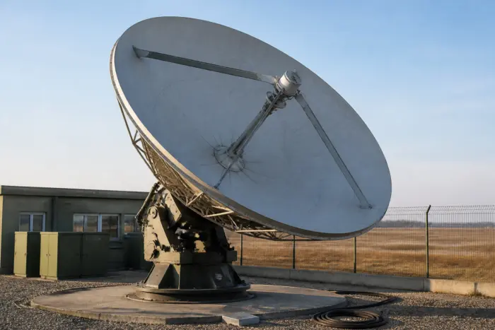 O antenă parabolică de mari dimensiuni, montată pe un soclu metalic într-o bază militară sau de comunicații