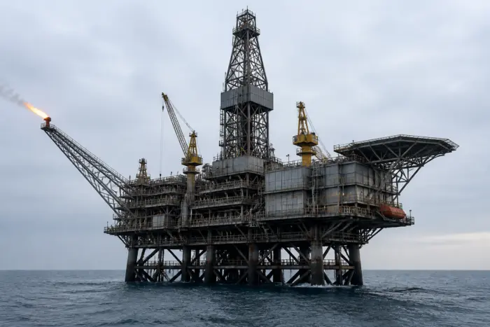 O platformă marină de extracție a gazelor naturale situată în mijlocul mării sub un cer înnorat