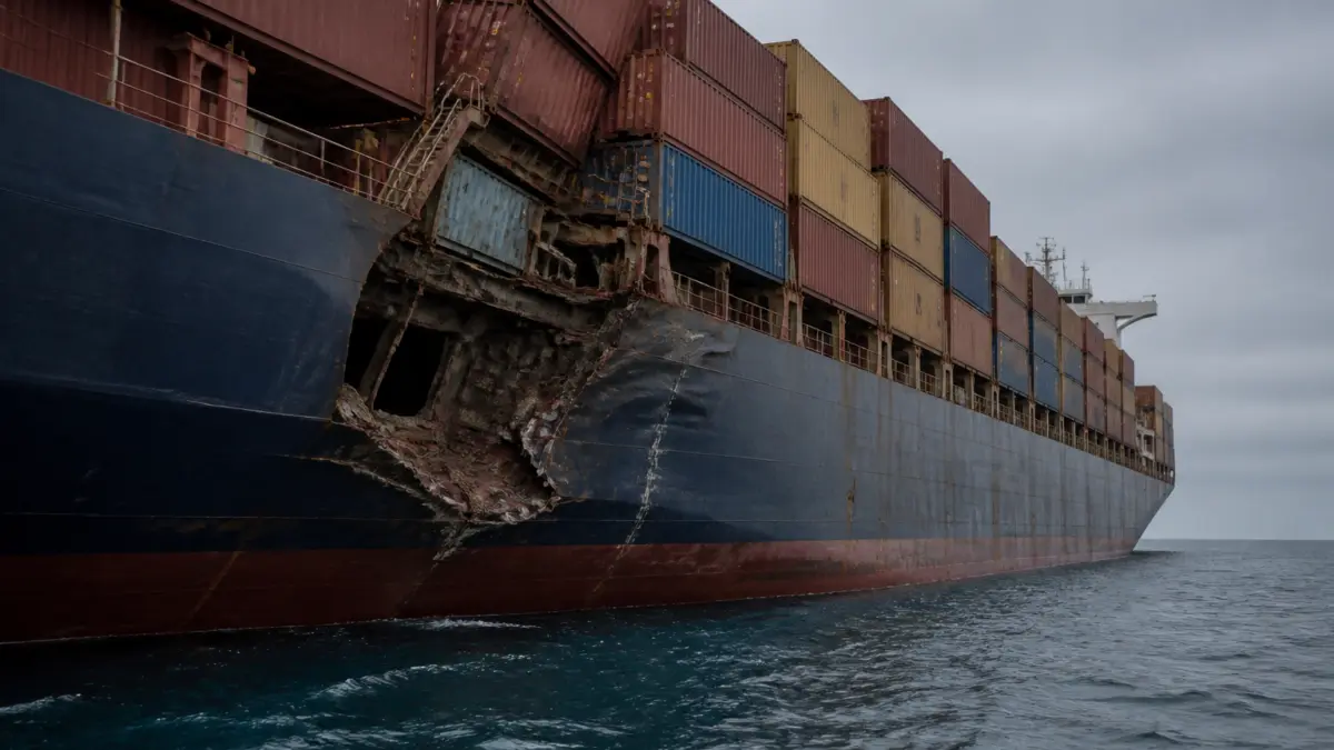 O navă mare de transport maritim aflată pe mare, prezentând o avarie majoră la nivelul carenei și al punții pe partea stângă