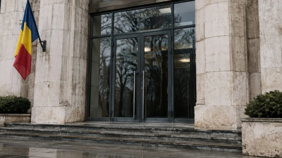 Intrarea clădirii cu drapelul românesc