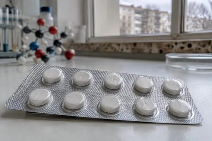 Blister cu pastile albe pe masă