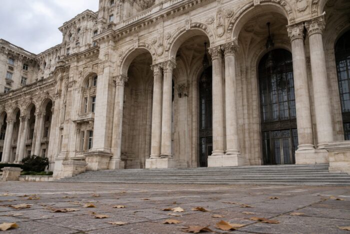 Clădirea Palatului Parlamentului surprinsă într-un decor de toamnă târzie