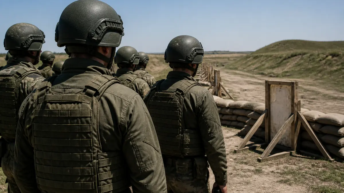 Grup de militari văzuți din spate, purtând căști tactice și veste de protecție de culoare măslinie, într-un poligon de tragere în aer liber