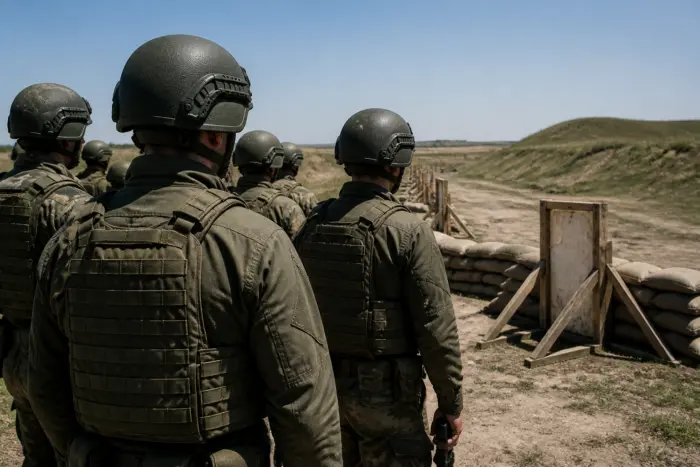 Grup de militari văzuți din spate, purtând căști tactice și veste de protecție de culoare măslinie, într-un poligon de tragere în aer liber