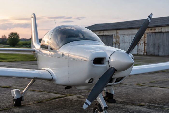 Un avion ușor de agrement staționat pe pista unui aerodrom