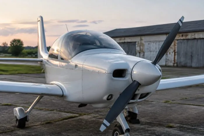 Un avion ușor de agrement staționat pe pista unui aerodrom