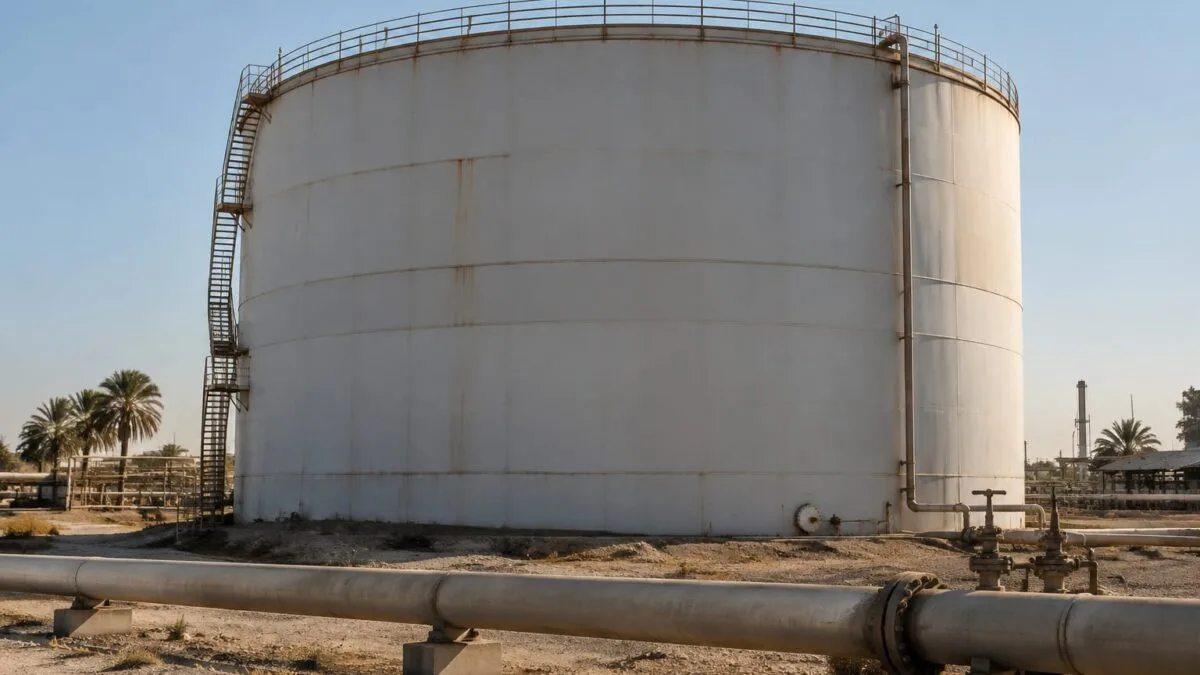 Rezervor industrial pentru stocarea petrolului și conducte de transport la sol