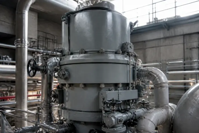 Detaliu al unei structuri industriale metalice, probabil parte dintr-un siloz sau furnal, cu mai multe niveluri de platforme de observație și balustrade galbene
