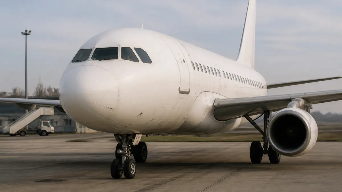 Un avion de pasageri complet alb, fără sigle sau însemne, staționat pe o pistă de aeroport în timpul zilei