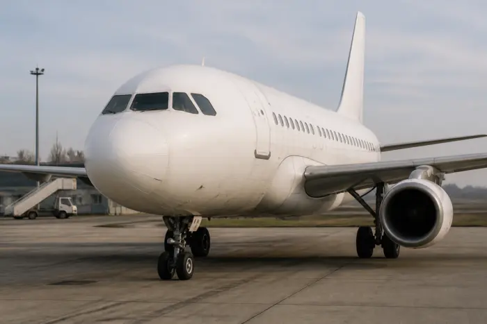 Un avion de pasageri complet alb, fără sigle sau însemne, staționat pe o pistă de aeroport în timpul zilei