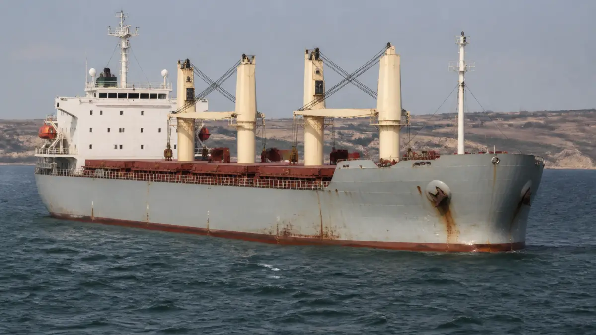 O navă de transport marfă, de tip vrachier, navigând pe mare