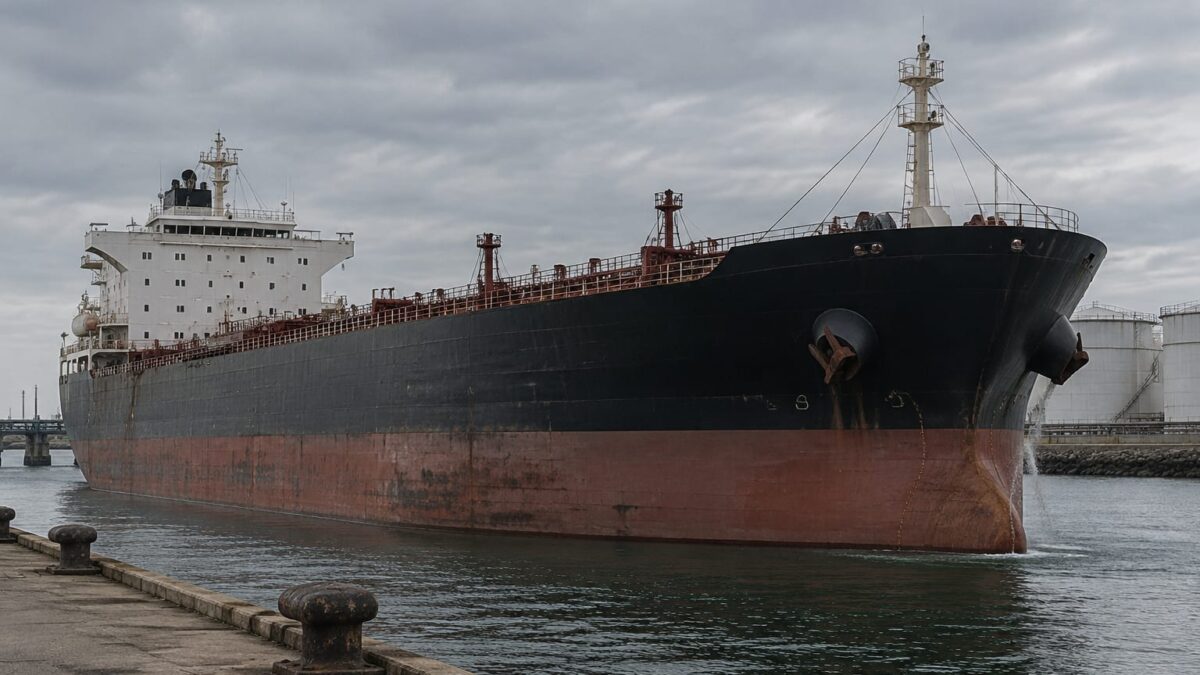 Navă de transport mărfuri navigând în apele unui port industrial