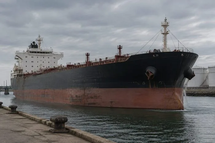 Navă de transport mărfuri navigând în apele unui port industrial