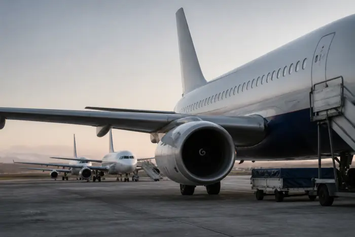 Mai multe avioane de pasageri albe, fără însemne comerciale vizibile, sunt parcate pe o pistă de aeroport în timpul amurgului sau zorilor