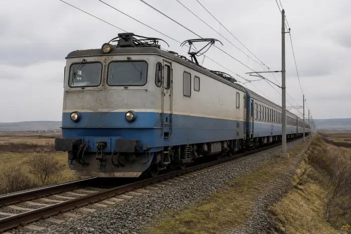 Un tren electric compus dintr-o locomotivă gri cu albastru și mai multe vagoane de călători circulă pe o cale ferată electrificată